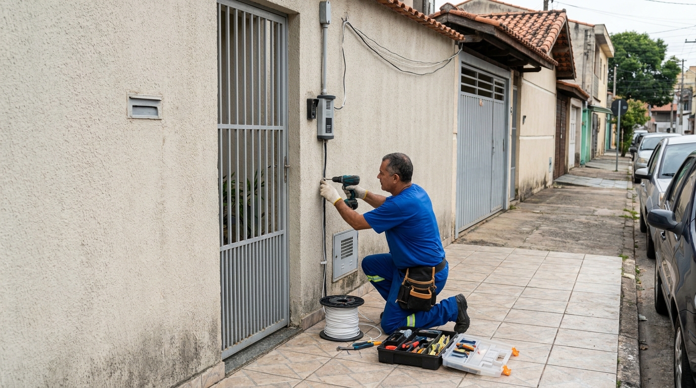 Eletricista instalando interfone em Suzano‑SP